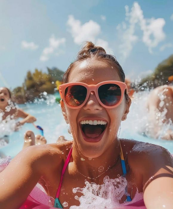 A group of friends having fun at a water park, sliding down a giant tube and splashing into a pool.